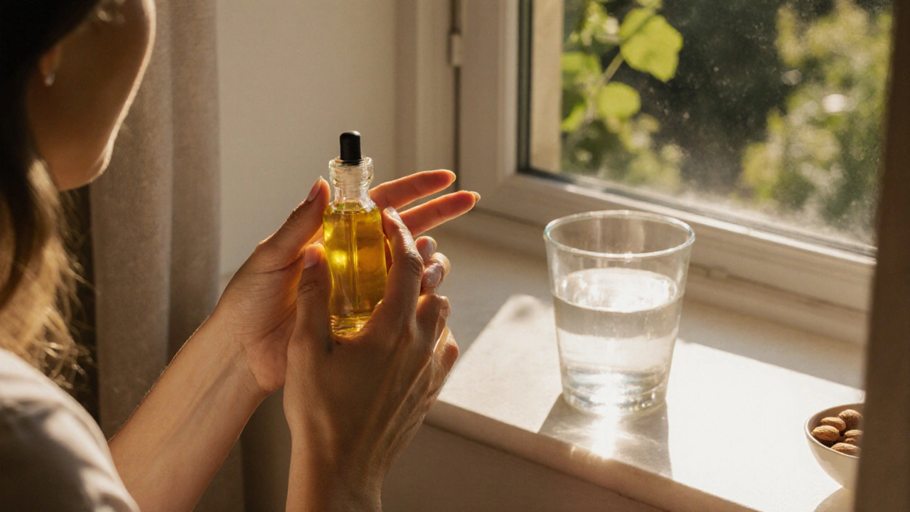 Žena masíruje prsty olejem na slunném okně s vodou a ořechy vedle.