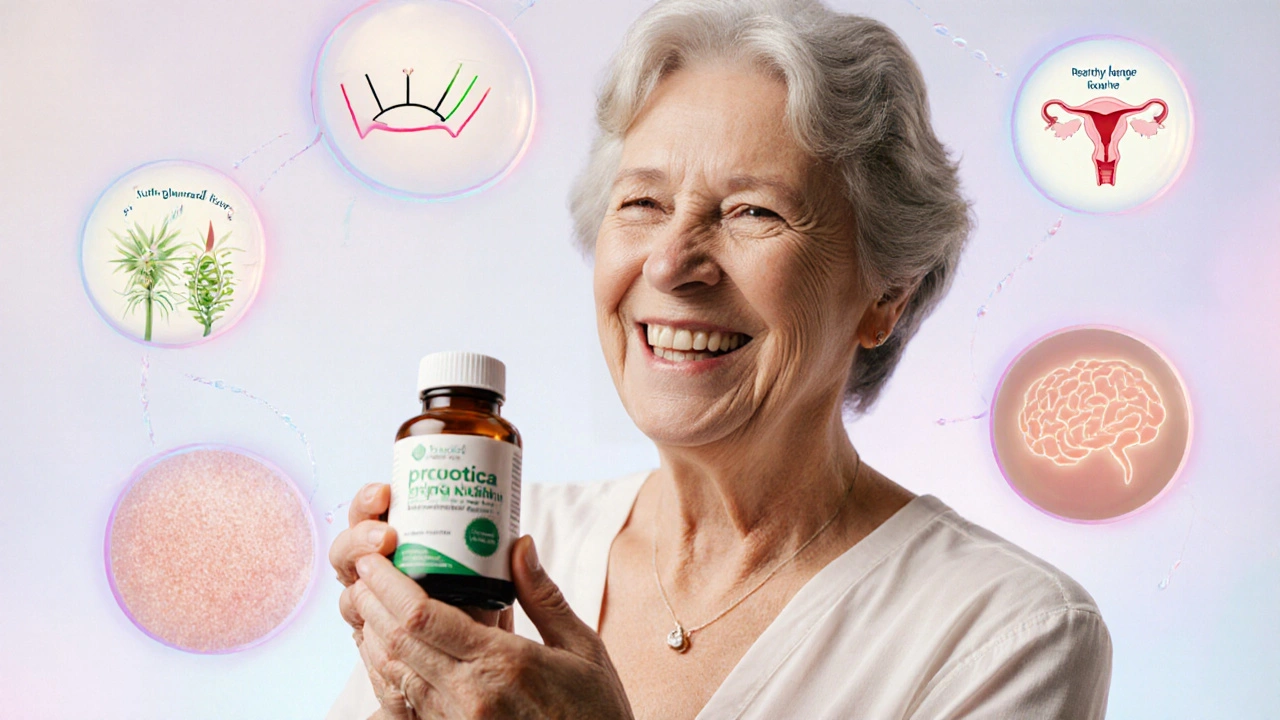 Žena v menopauze drží probiotikum, kolem ní symboly lepšího zdraví a rovnováhy.