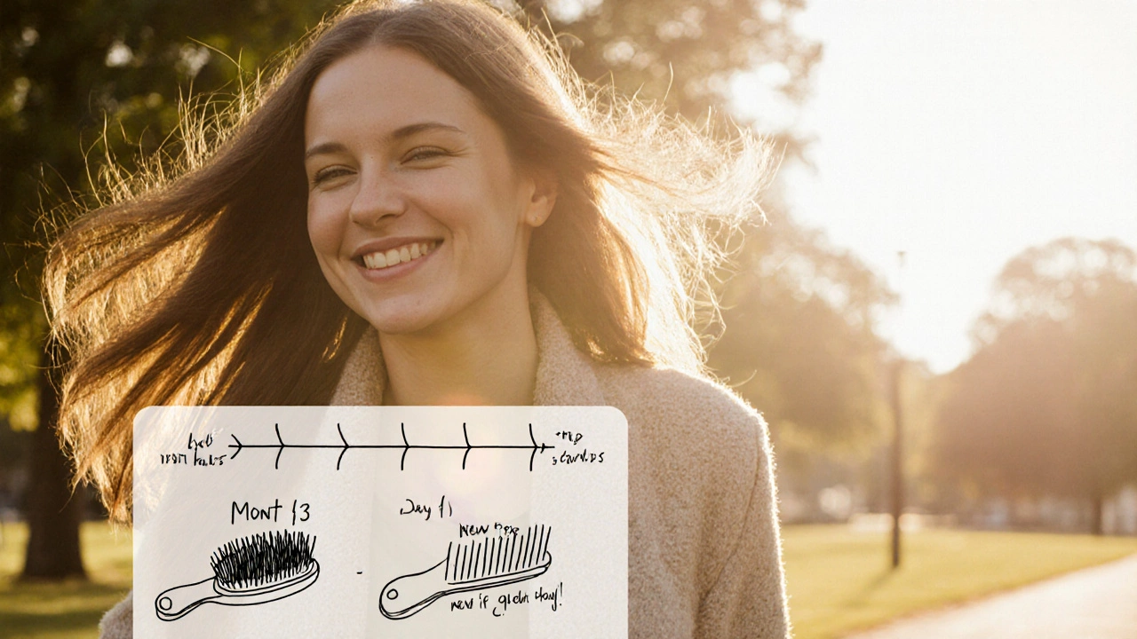 Žena v padesátce kráčí v parku se svěžími, hustšími vlasy, jejichž růst je symbolicky znázorněn časovou čarou v předním plánu.