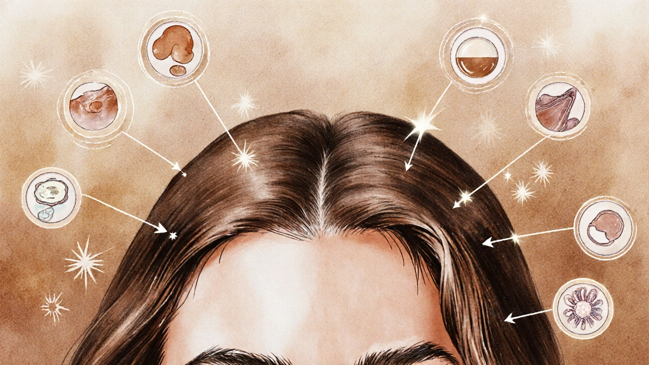 Zvětšený pohled na pokožku hlavy s aktivními a neaktivními vlasovými folikuly, kolem nichž plavou živiny jako živé hvězdy.