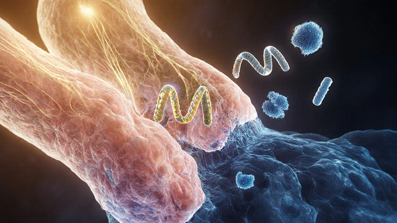 Zvětšený pohled na pokožku s celistvými molekulami kolagenu aktivujícími buňky, proti rozloženým peptidům