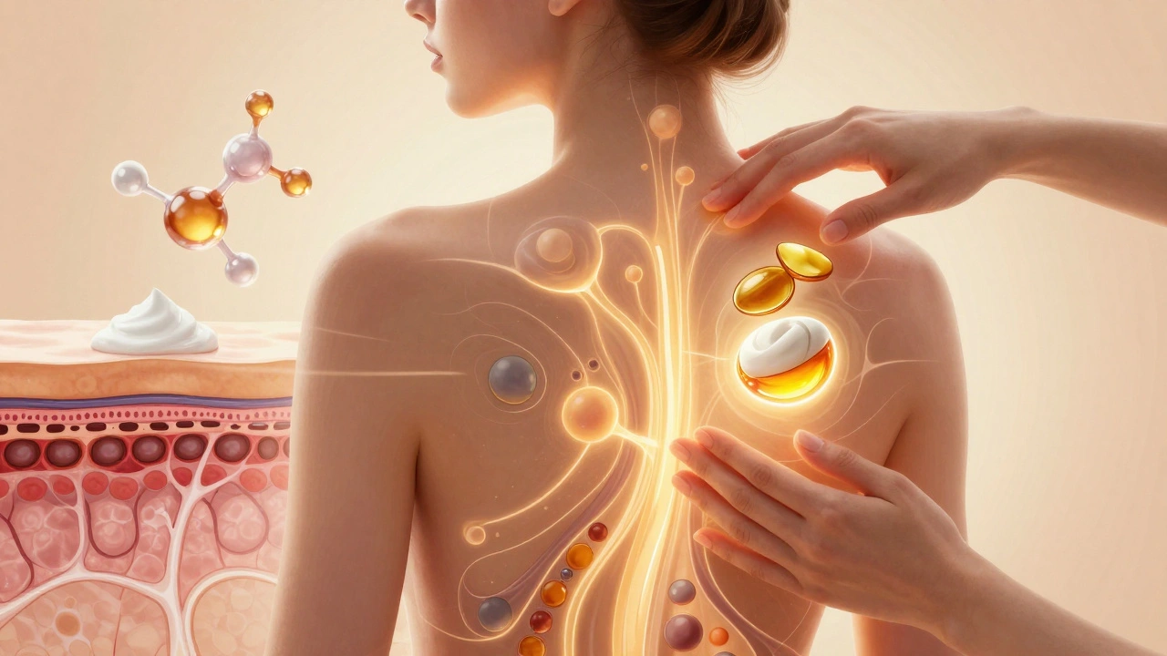 Abstraktní znázornění kůže s prvkami pleti a kosmetických látek v teplém světle.