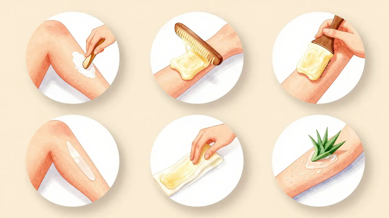 Čtyři ilustrace kroků brazilské depilace: aplikace prášku, vosku, odstraňování pásu a uklidnění kůže.