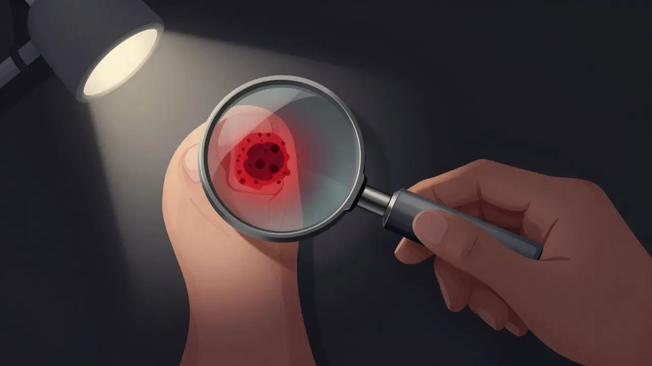 Dermatoskop zvětšující skrytý nádor pod nehtem s viditelnými nádorovými buňkami.