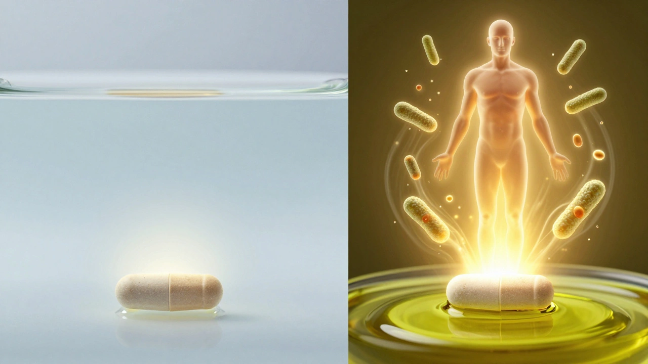 Dvě cesty vstřebávání vitamínu D: neúčinná vs. podporovaná probiotiky a tuky.