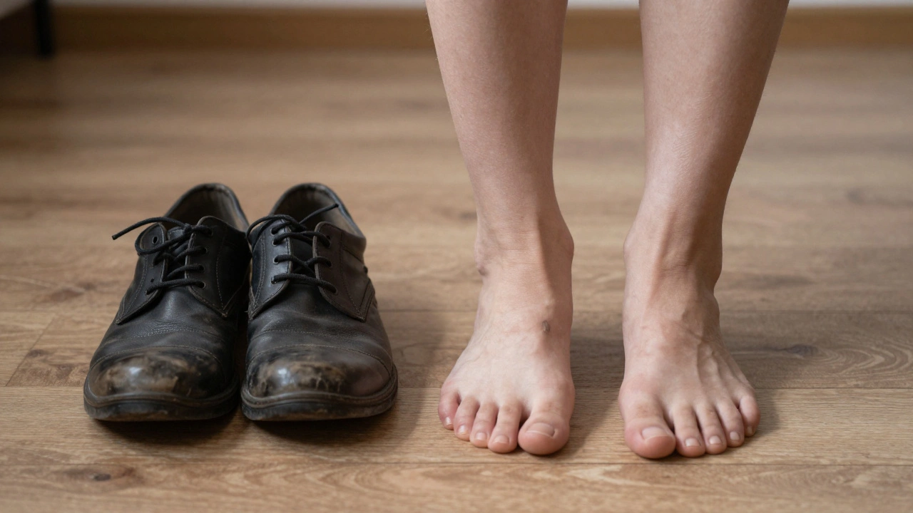 Dvě nohy – jedna zanedbaná, jedna pečlivě ošetřená – vedle sebe na dřevěném podlaze.