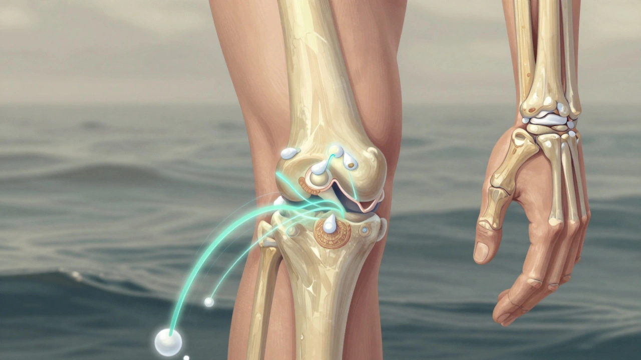 Ilustrace kloubu s mořskými peptidy, které obnovují chrupavku, v oceánském prostředí.