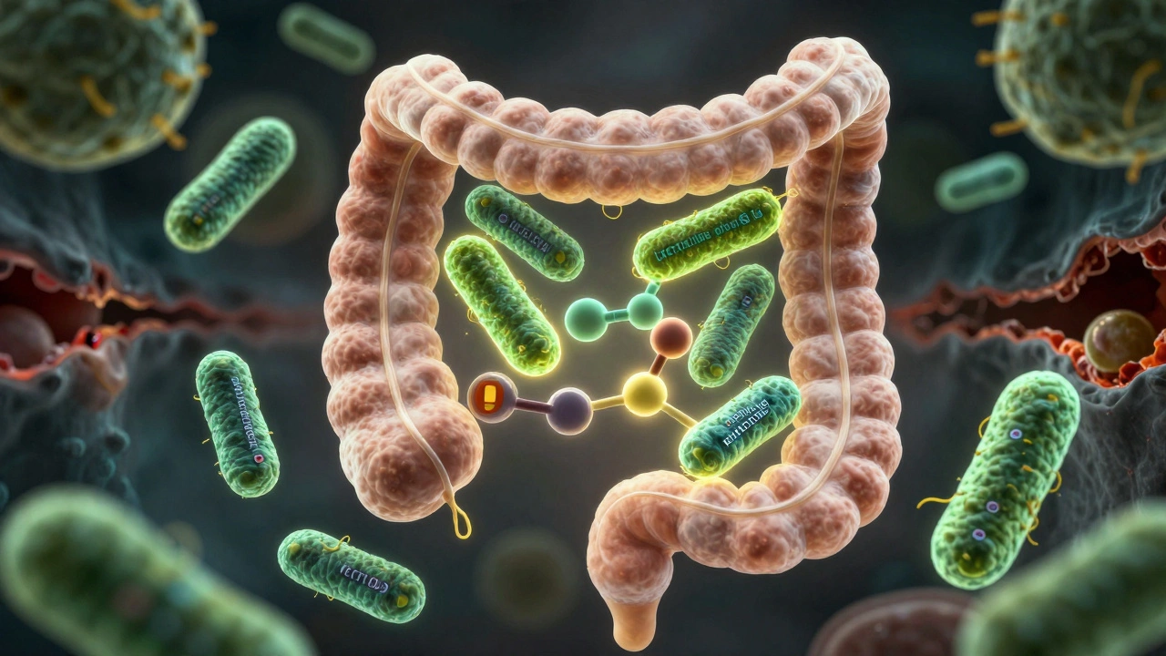 Ilustrace střev s bakteriemi přeměňujícími vitamín D na aktivní formu.