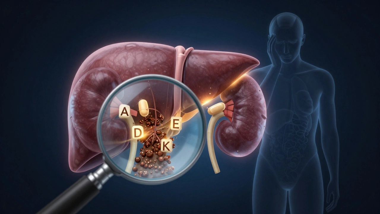 Játra a ledviny s hromaděním vitamínů A, D, E, K, zobrazené jako sediment v těle, s lidskou siluetou v pozadí.