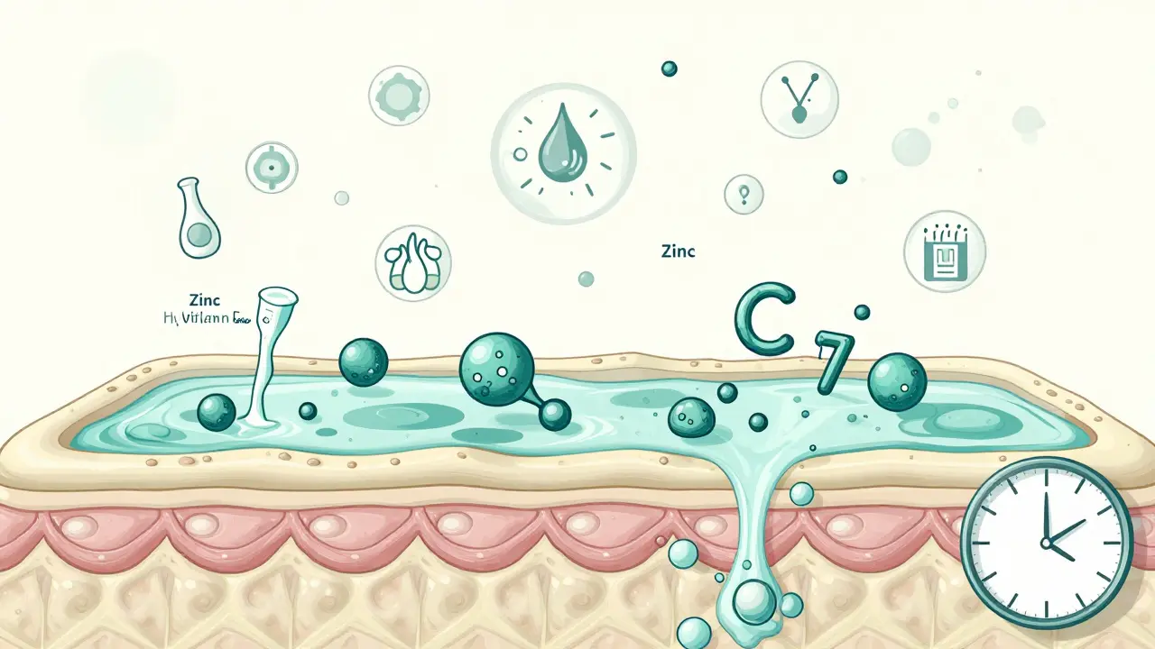 Koncepční výřez kůže s kolagenovými strukturami, hyaluronovou kyselinou a vitamíny, symbolizující hydrataci a obnovu.