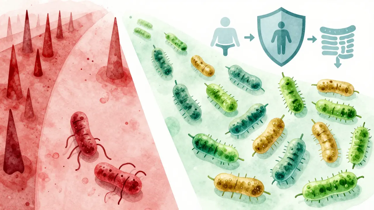 Konceptuální obrázek porovnávající smrt probiotik na prázdný žaludek a jejich přežití po jídle.