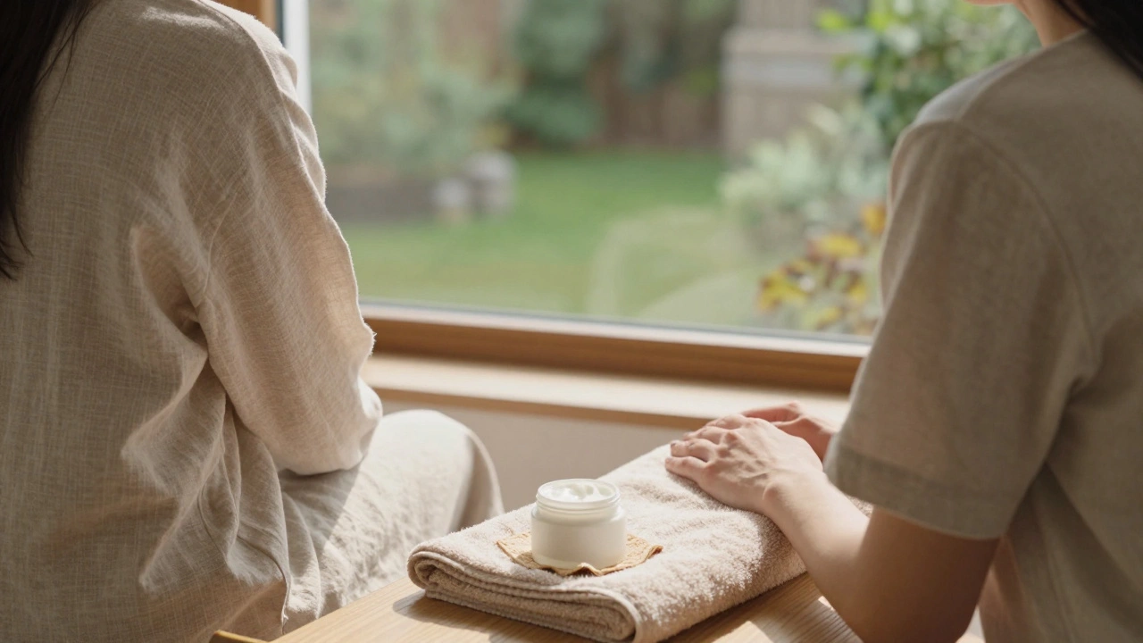 Kosmetička a klientka klidně sedí u okna, vyjadřují důvěru a klid v péči o tělo.