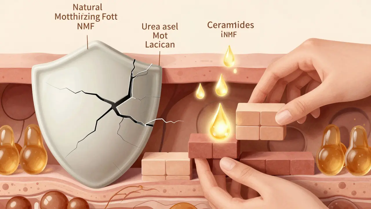 Křehká lipidová bariéra kůže s chybějícími složkami a obnovou pomocí ceramidů.