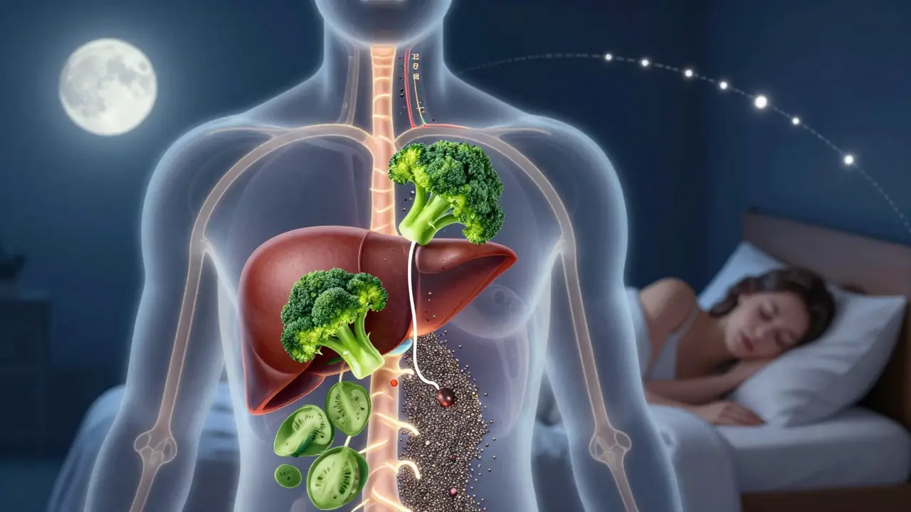 Kreslený obraz těla s detoxikačními cestami játra a ledvin, zeleninou a spánkem jako podporou hormonální rovnováhy.