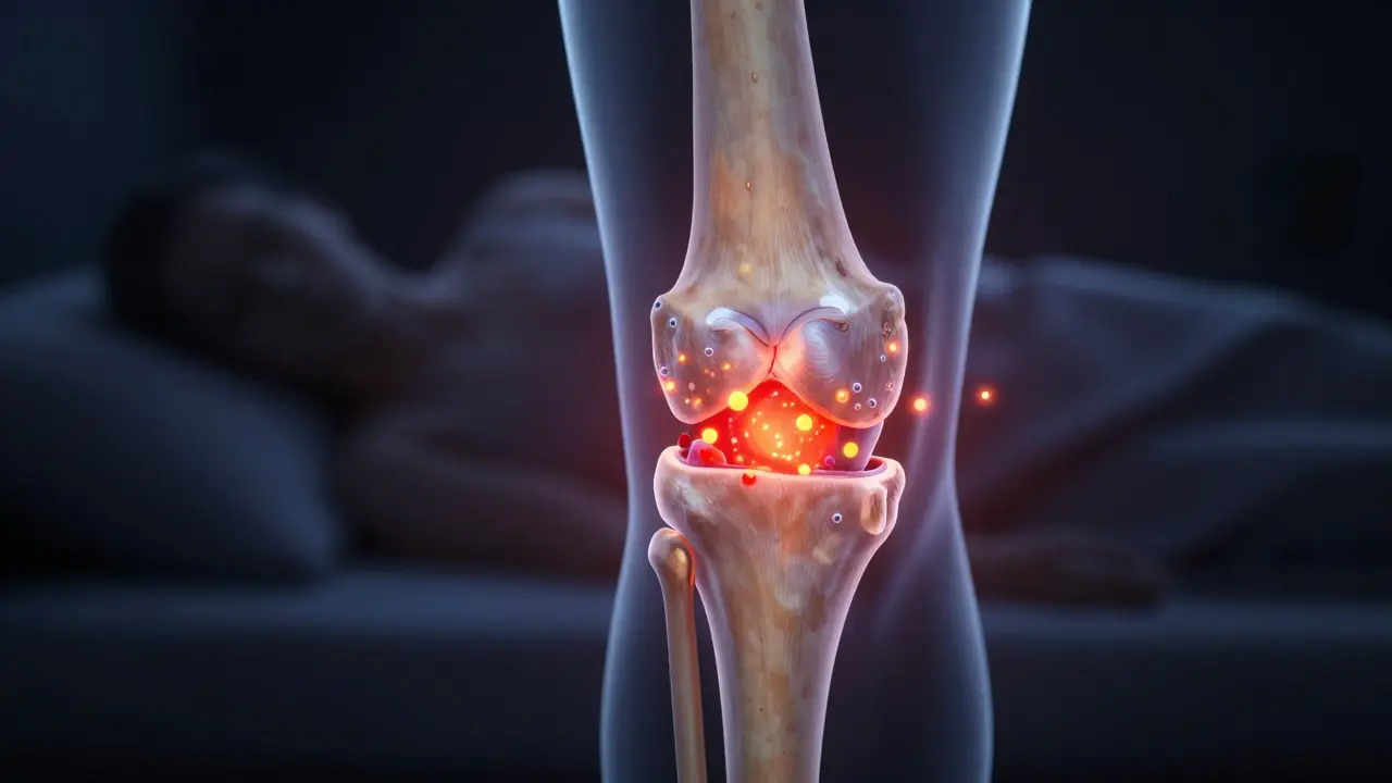 Křížový řez kolenního kloubu s poškozenou chrupavkou a zánětlivými látkami v synovální tekutině.