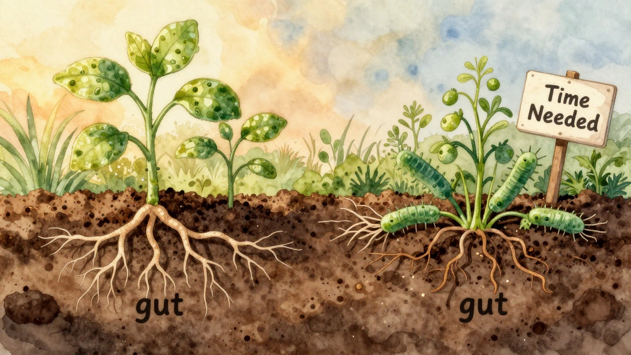 Květiny s kořeny rostoucí v půdě, zatímco plevel je odstraňován.