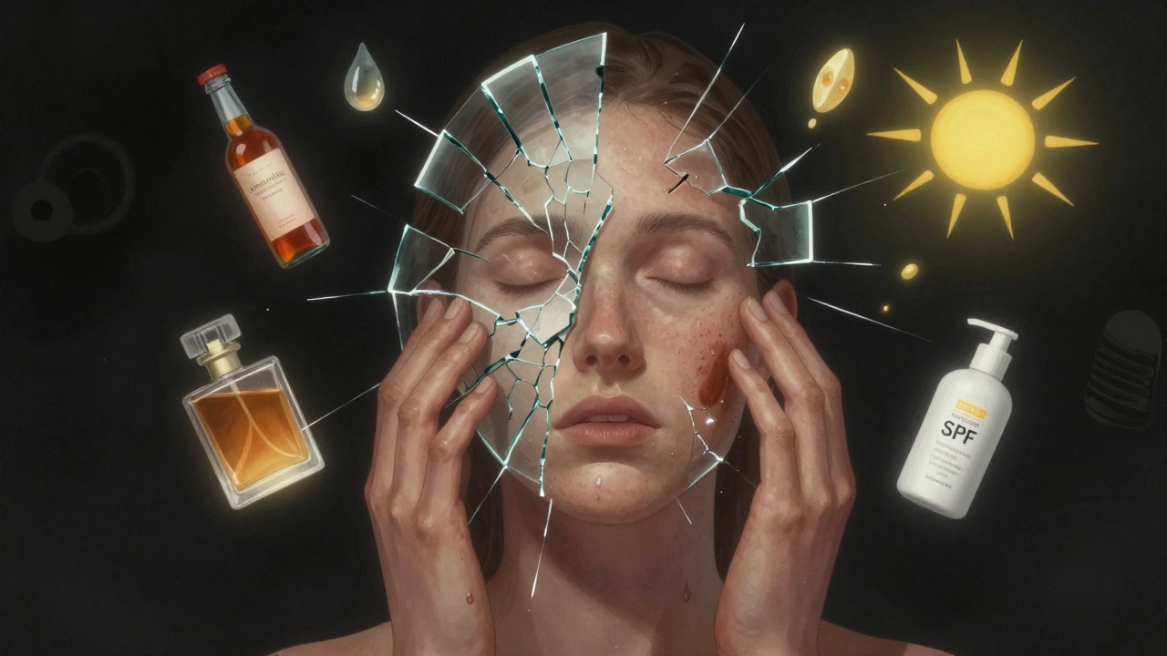Lidská tvář s poškozenou bariérou pleti, kolem ní škodlivé látky a léčivé složky jako světlo.