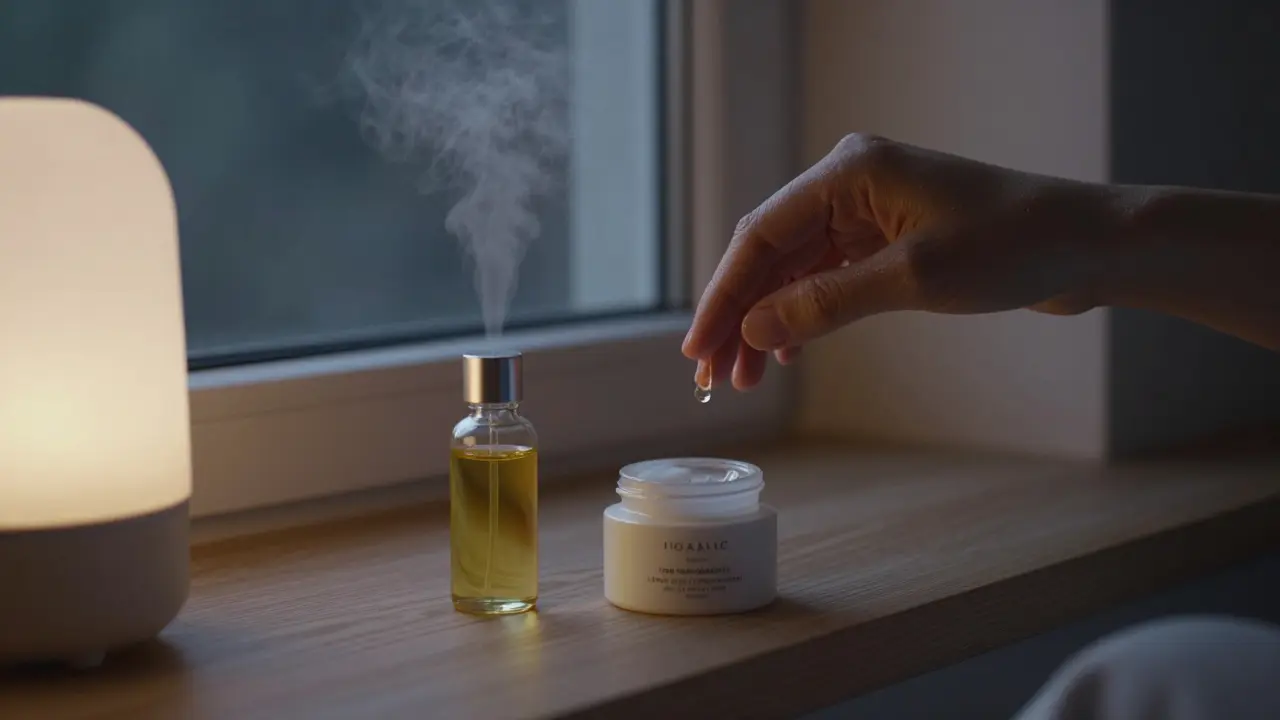 Noční péče o kůži: olej, krém a vlhčič vzduchu na nočním stolku.