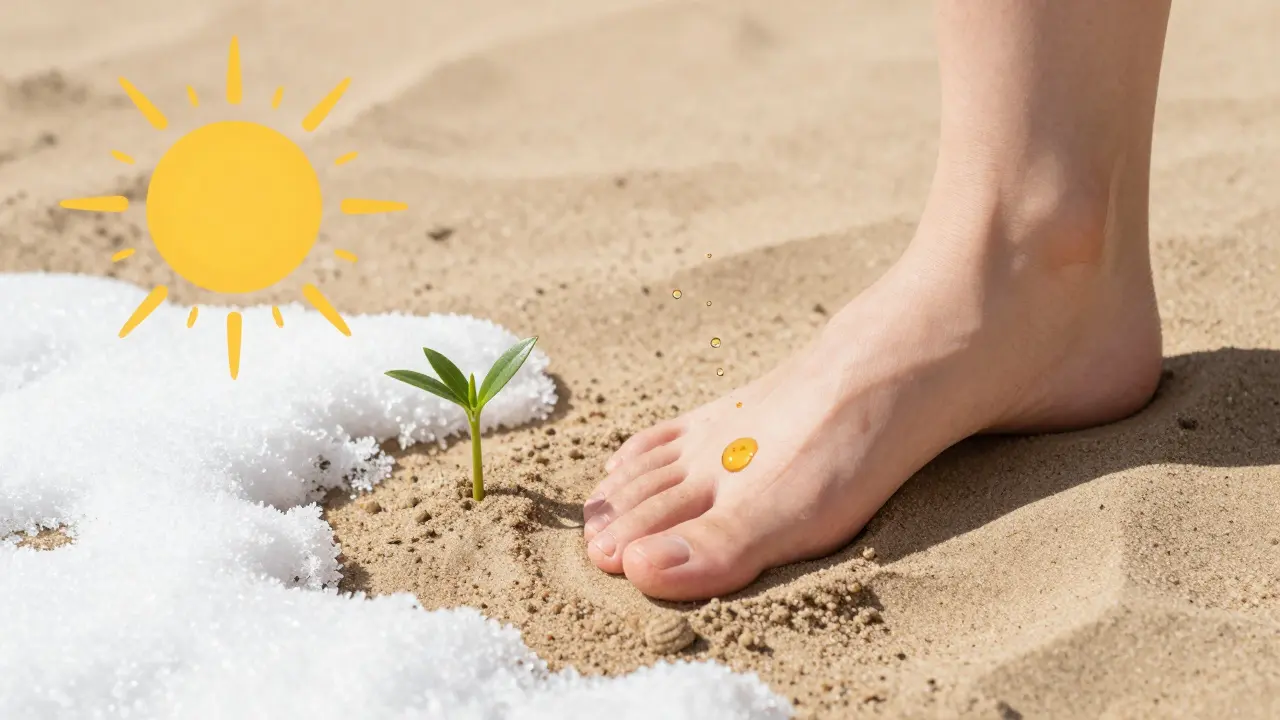 Noha v volné obuvi s růstoucími nehty, symbolizující růst v letních měsících.