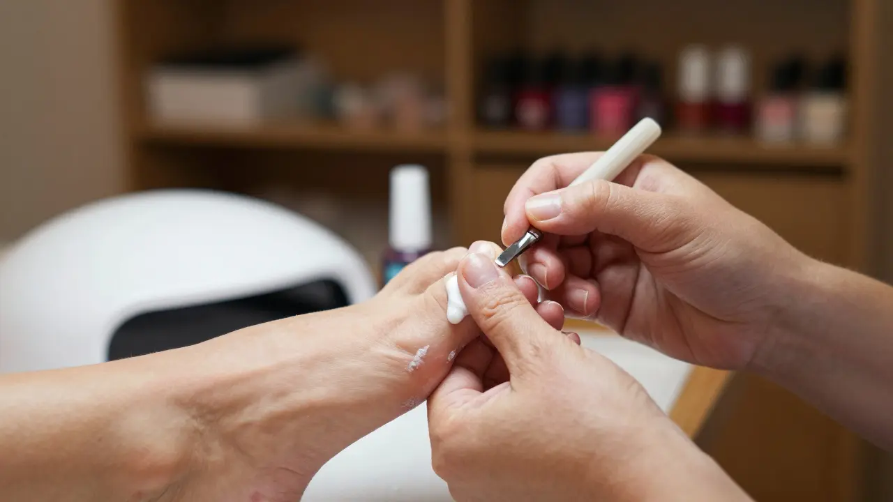 Odbornice pečlivě tvaruje nehty a masíruje paty během pedikúry.