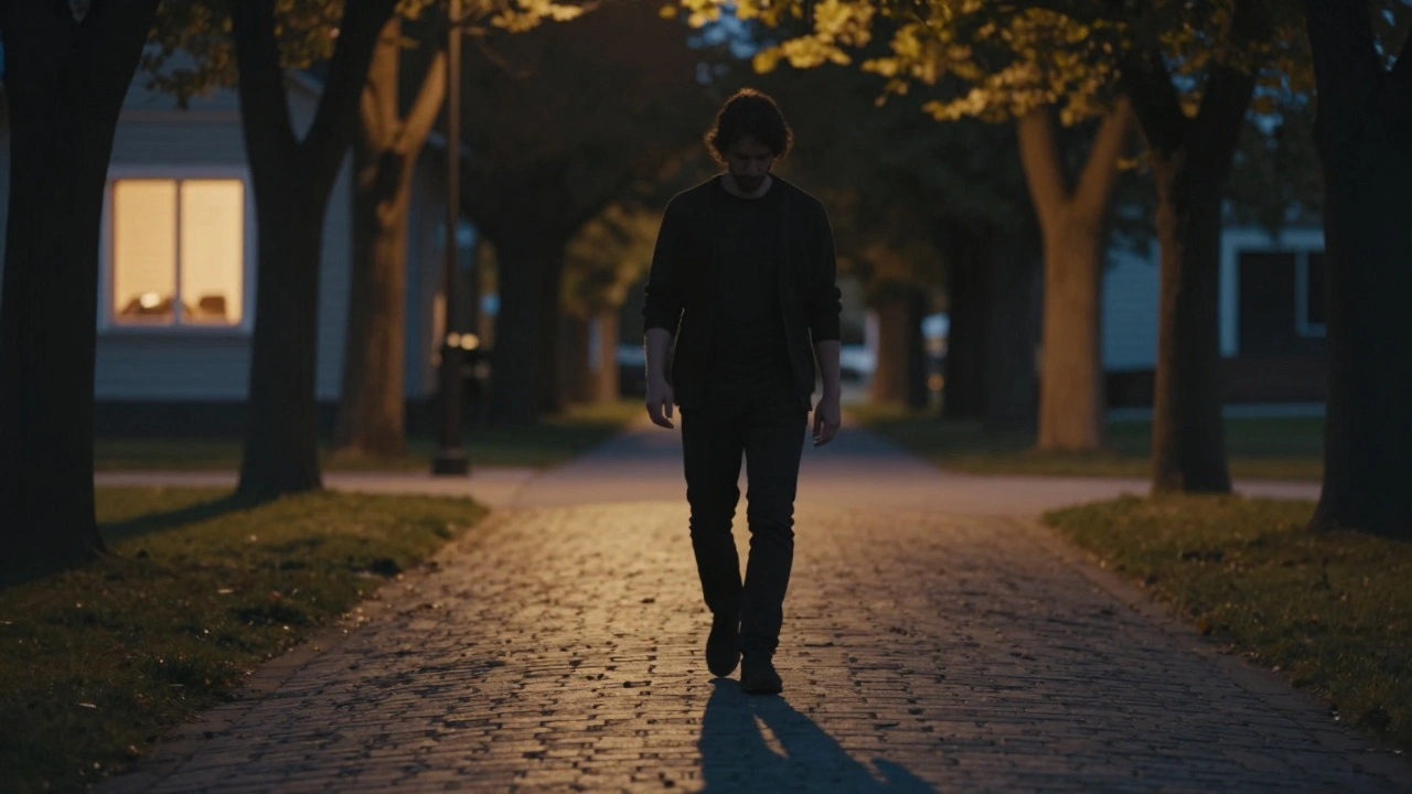 Osoba prochází večer po jídle po ulici pod stromy při západu slunce