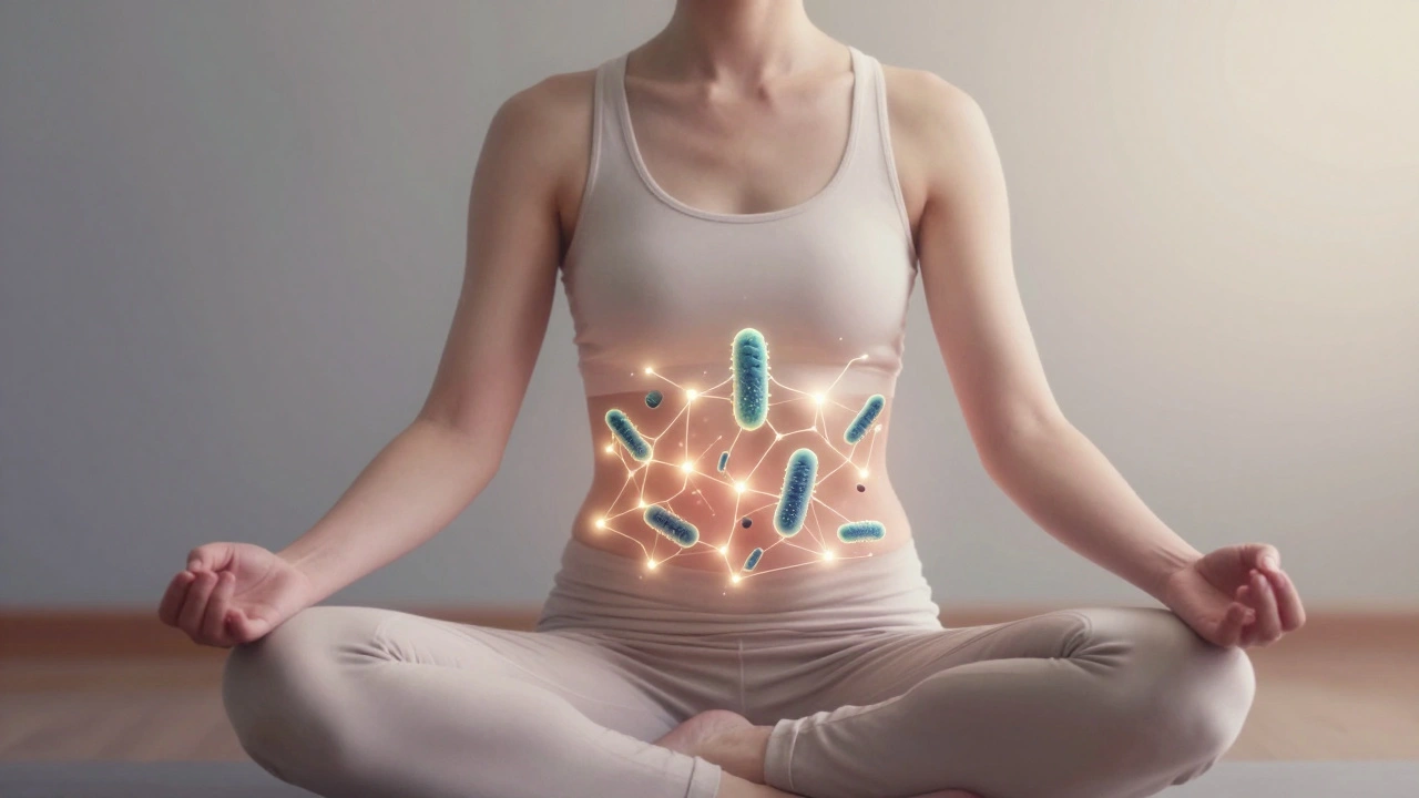 Osoba v meditaci s jemným zářivým mikrobiomem v břiše.