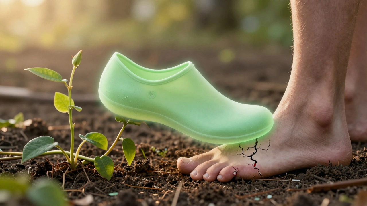 Pevný neht v pohodlné obuvi proti křehkému nehtu ve těsné botě, symbolický kontrast.