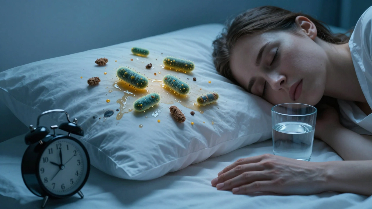 Polštář plný bakterií a oleje v noci, vedle něj čisté ruce a sklenice vody.