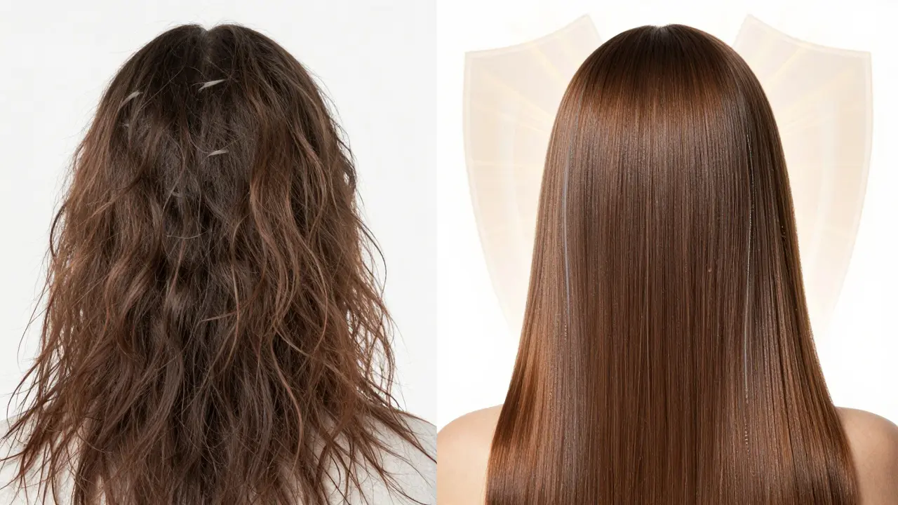 Před a po: matné, poškozené vlasy naproti leskutým, zdravým vlasům po použití séra.