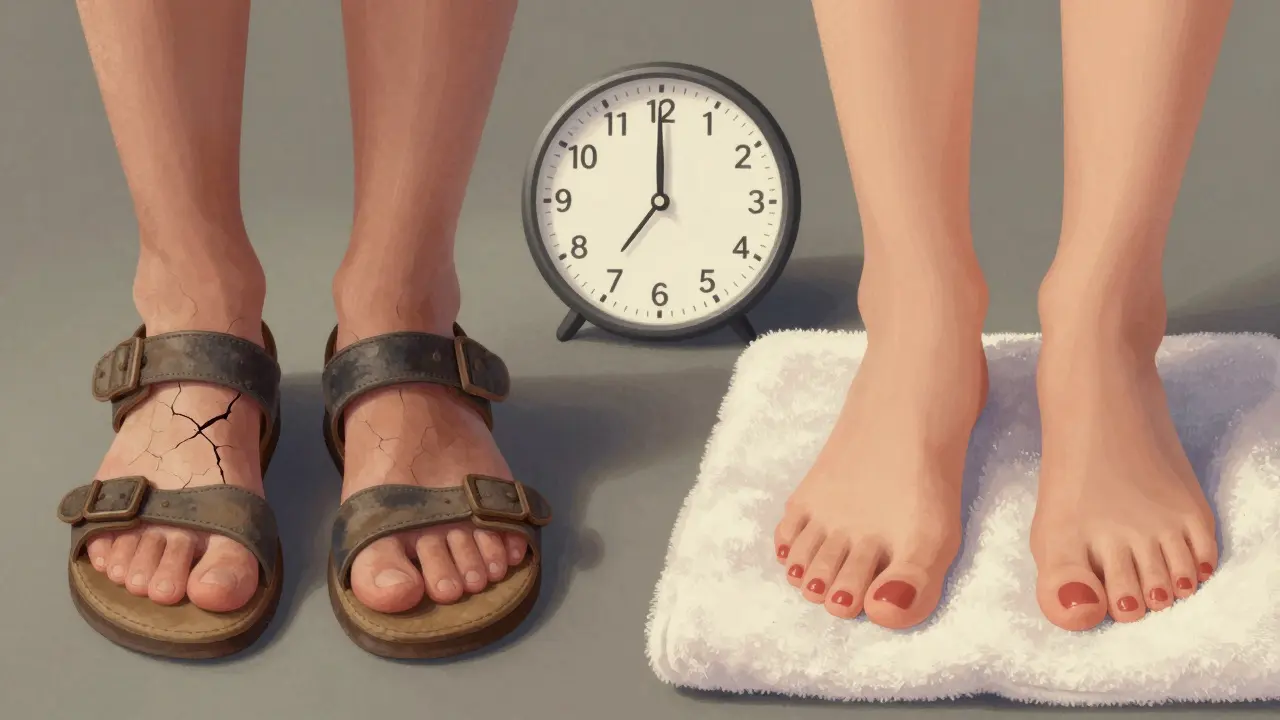 Před a po mokré pedikúře: zhrublá kůže vs. hladké, lesklé nohy.