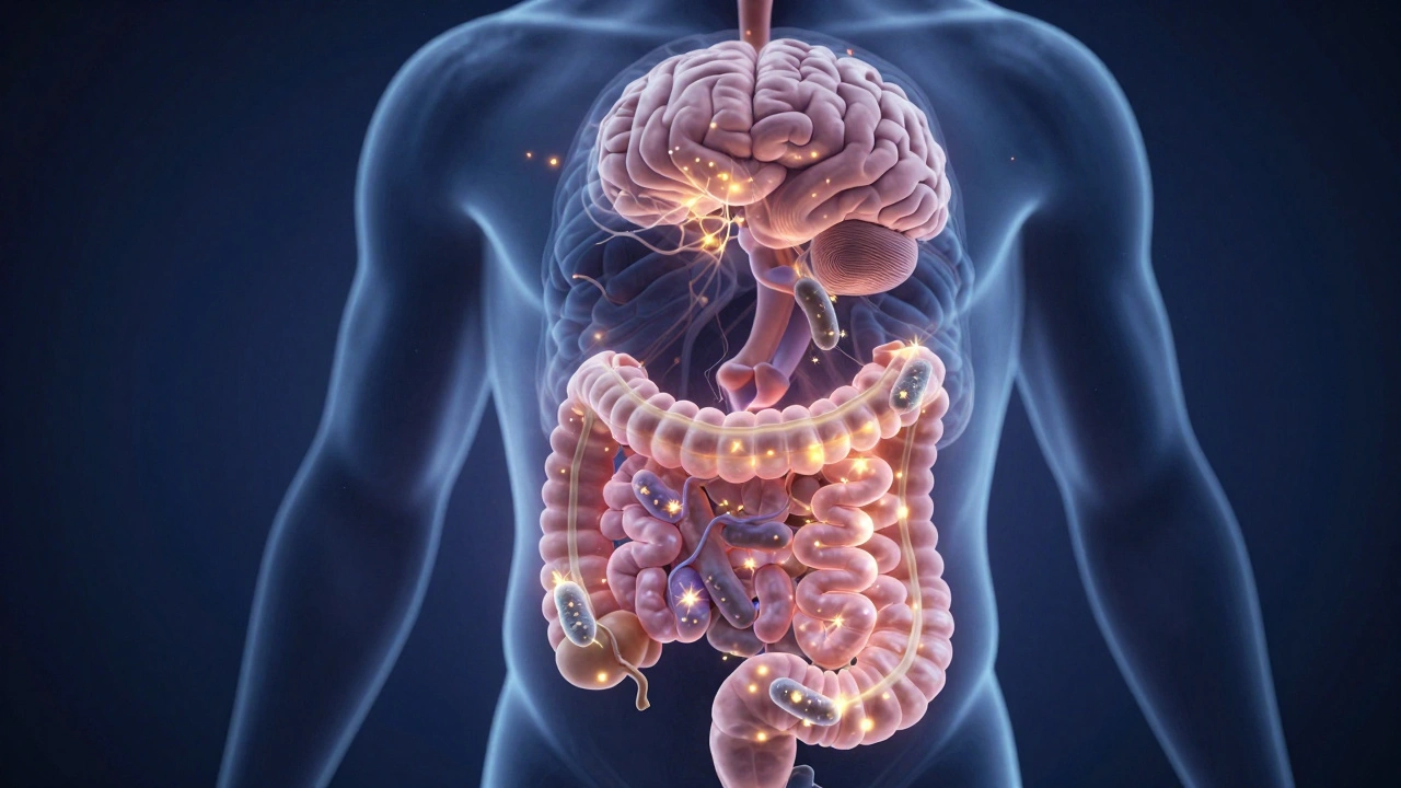 Přehled lidského břicha s živými bakteriemi a nervovými spojeními k mozku