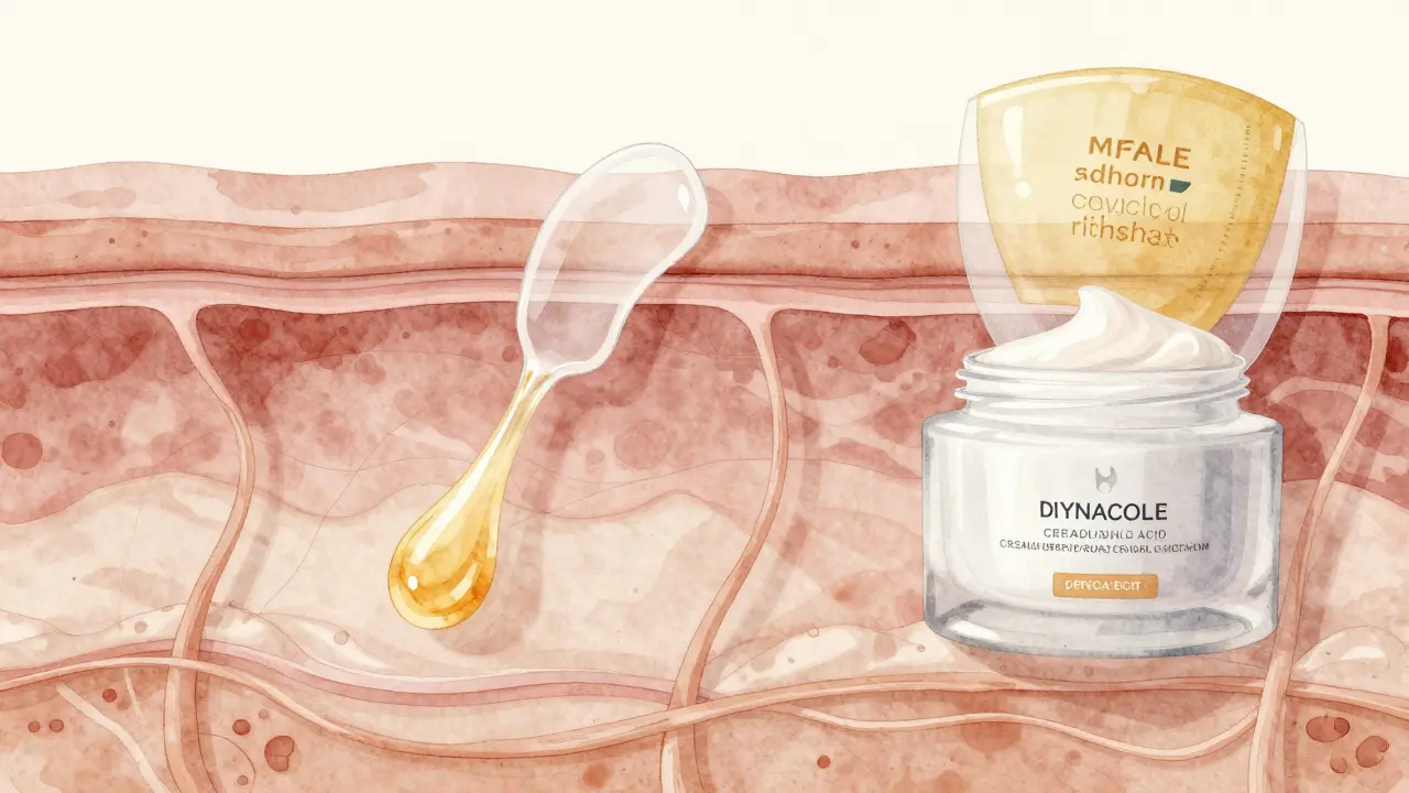 Přehled vrstev péče o pleť: sérum, krém a ochrana před sluncem.