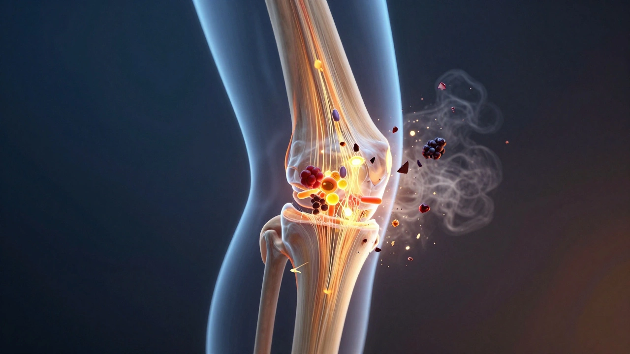 Průřez kloubu s regenerující chrupavkou napájenou živinami z potravin.