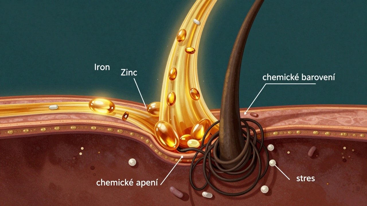 Průřez vlasovým folikulem, kde živiny proudí do kořínku, zatímco stres a chemie ho tlakují.