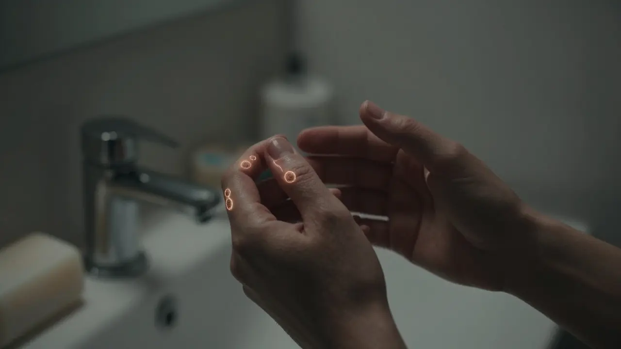 Ruce v koupelně pod slabým světlem, jeden prst naznačuje včasnou diagnózu melanomu.