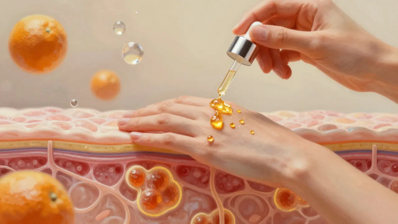 Ruka aplikující serum s rybím kolagenem, zlaté částice proudí do pleti, kolem nichž se tvoří hydratační kuličky.