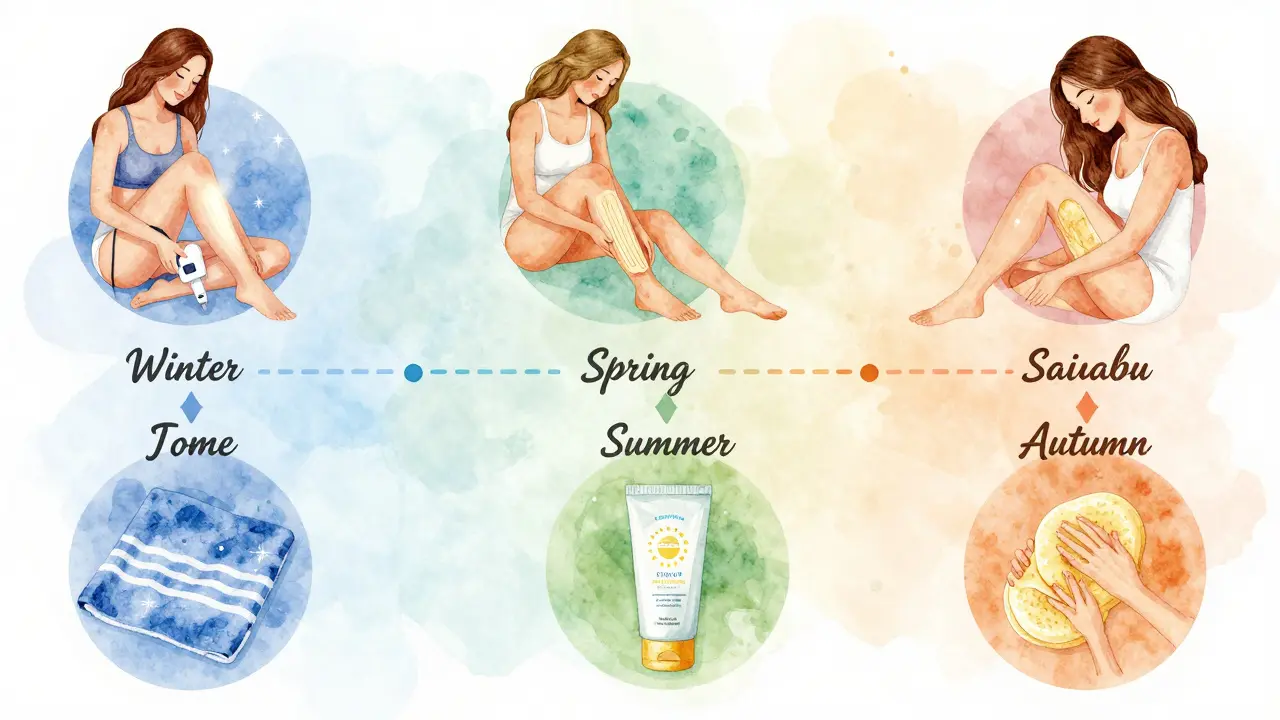 Sezónní kalendář znázorňující depilaci v zimě, jarní, létě a podzimním období.