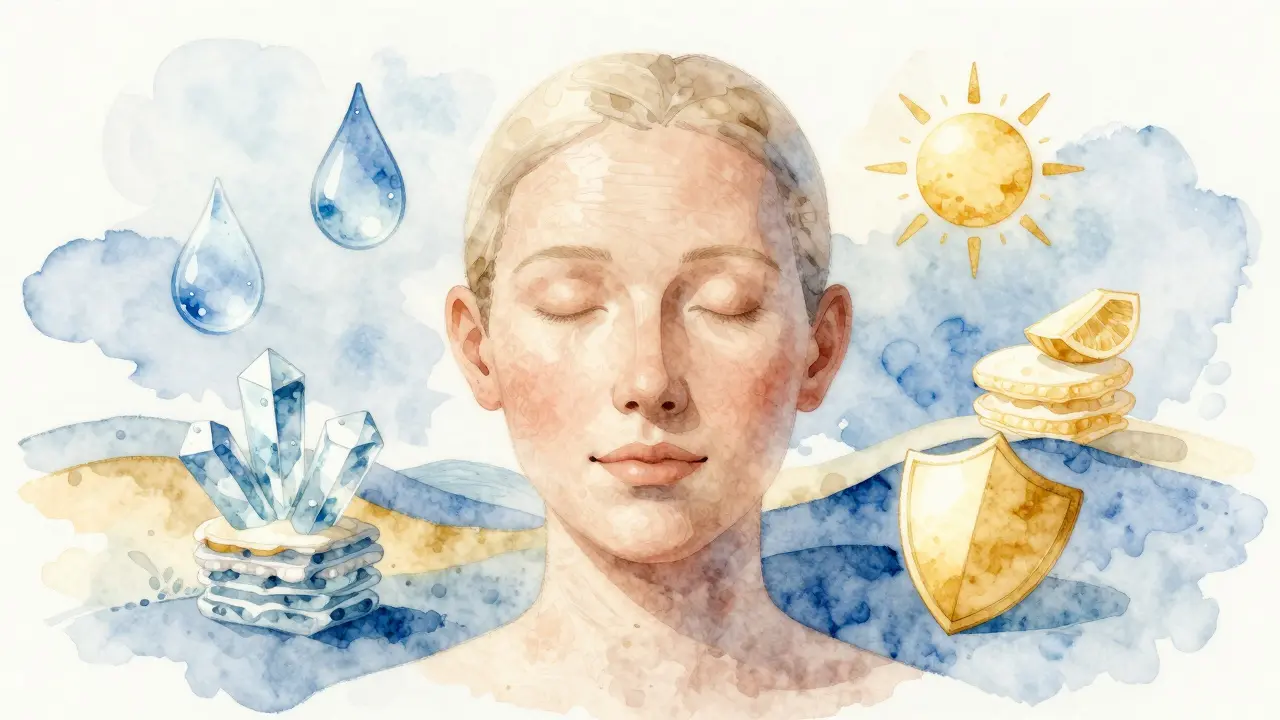 Symbolický obraz zralé pokožky jako přirozené krajiny s klíčovými účinnými látkami.