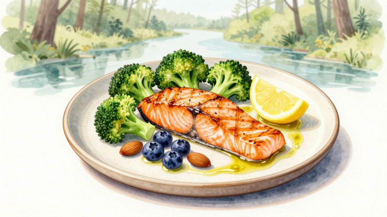 Talíř s lososem, brokolicí, borůvkami a mandli na rustikálním talíři s citrónem.