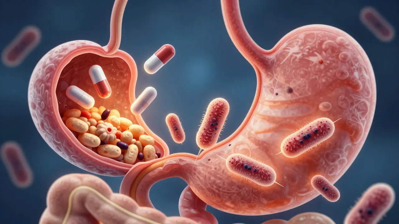 Umělecké znázornění probiotik přežívajících cestu žaludkem v příznivém prostředí po jídle.