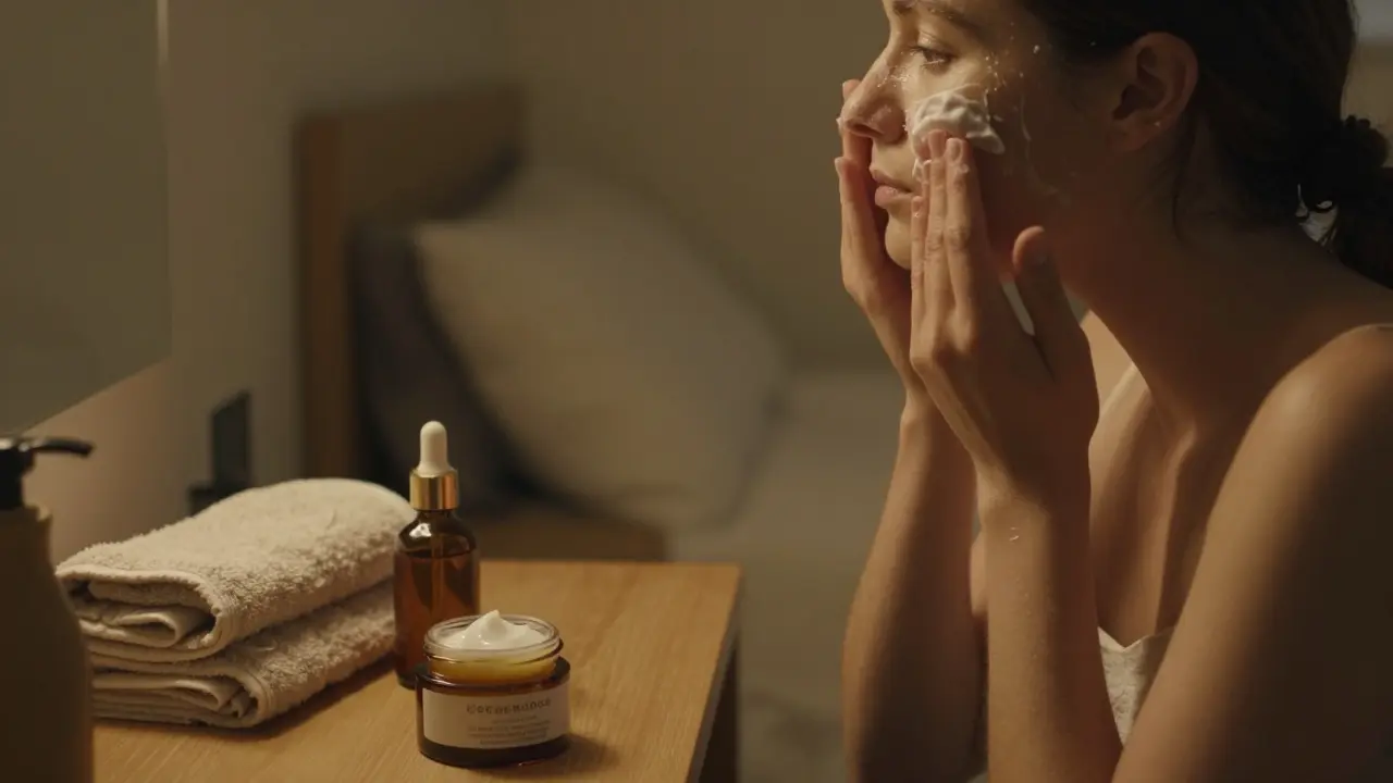 Večerní péče o pleť s olejovým čističem a nočním krémem, zahrnující i krk a dekolt.