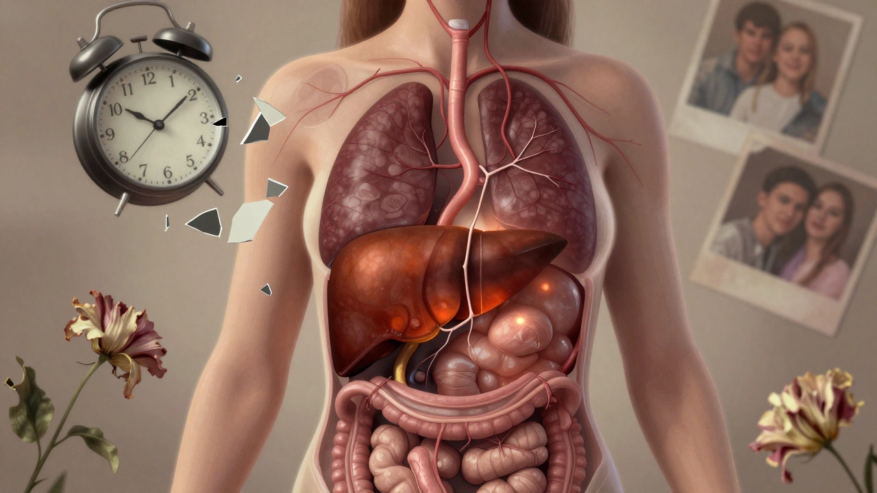 Vnitřní pohled na poškozené játra ženy s symbolickými znaky ztráty a deprese kolem.