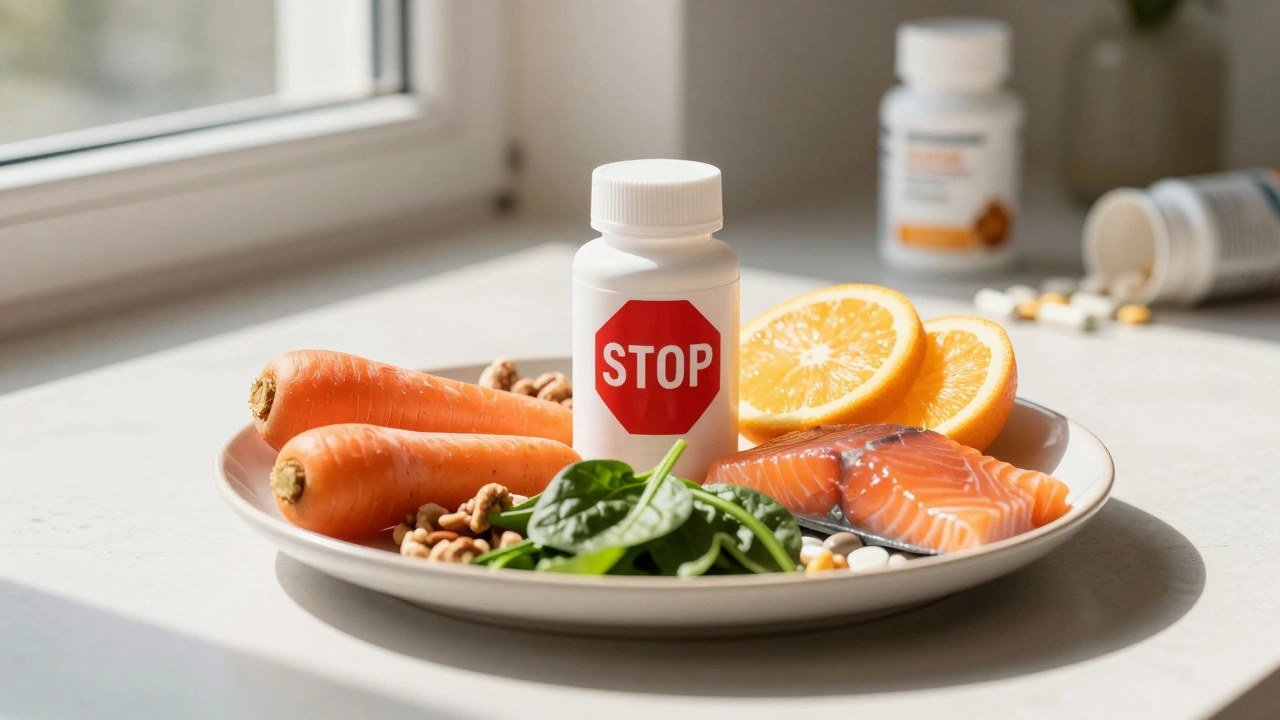 Zdravá jídla — mrkev, pomeranče, špinát, ořechy — vedle jedné vitamínové lahvičky se značkou STOP, symbolizující přirozený zdroj živin.