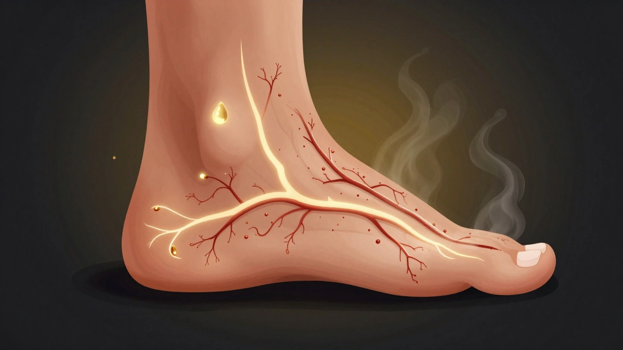 Zdravá noha s viditelným krevním oběhem během masáže, symbolizující zlepšení oběhu.