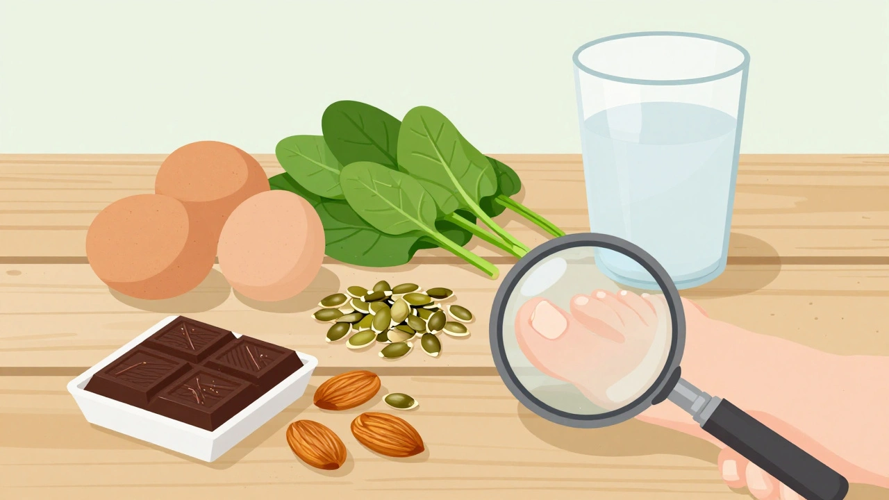 Zdravá strava pro pevné nehty: vajíčka, ořechy, špenát a černá čokoláda na stole.