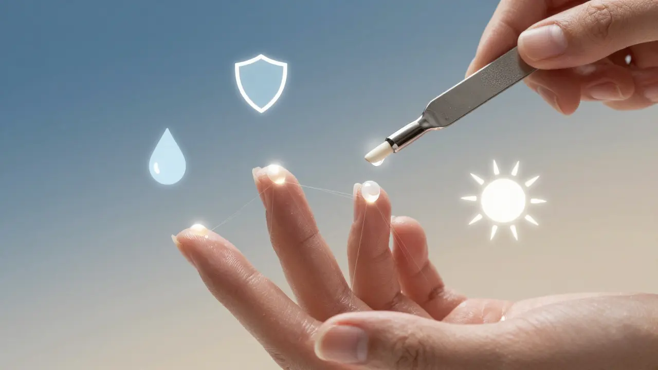 Zdravé nehty s hydratačními prvky a symboly péče o nehty v ethereálním prostředí.