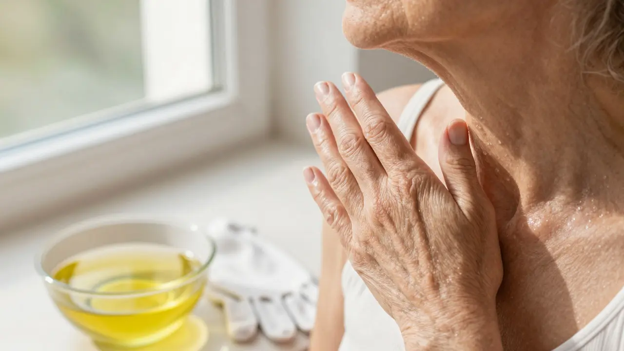 Žena aplikuje noční krém na krk a dekolt jemnými pohyby nahoru.