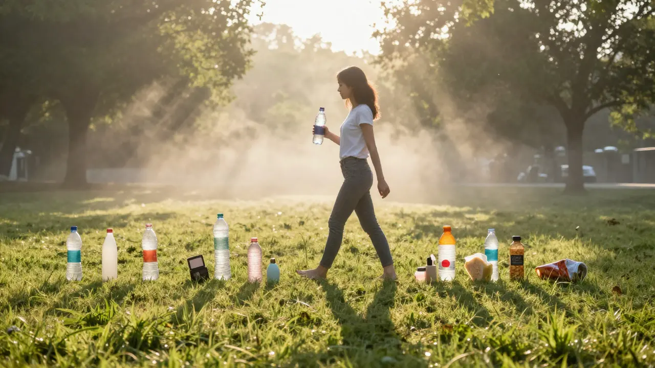 Žena kráčí na trávníku v ranním světle, zatímco plastové obaly a chemikálie se rozplynou v mlze.