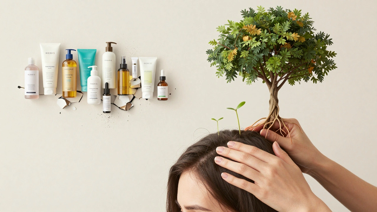 Žena masíruje kůži hlavy olejem, z ní rostou nové vlasy, zatímco neúčinné produkty mizí.