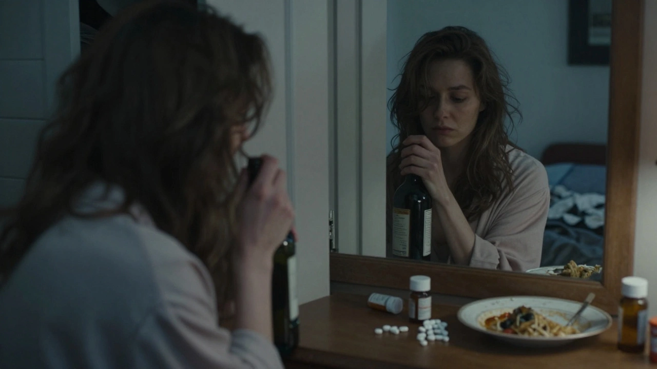 Žena skrývá láhev alkoholu do šatníku, její obličej v zrcadle ukazuje únavu a skrytou bolest.